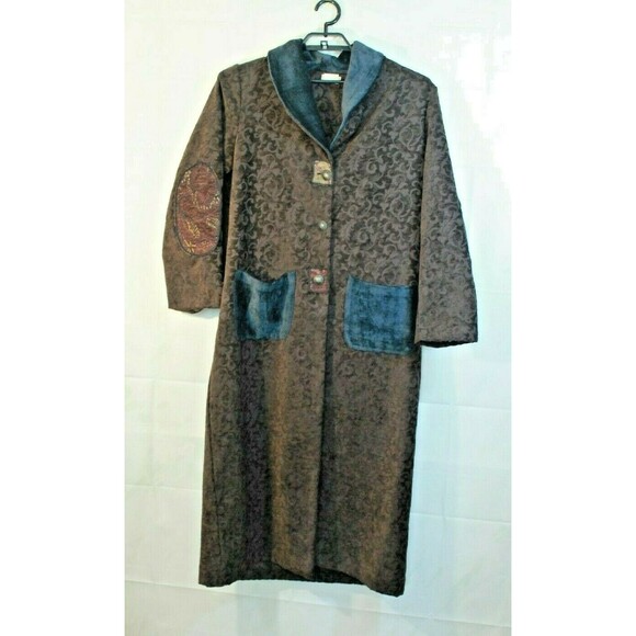 Dot & Vera Coat Vintage 60s Boho Brown Floral Full Length Elbow Patches Size L - Picture 2 of 9